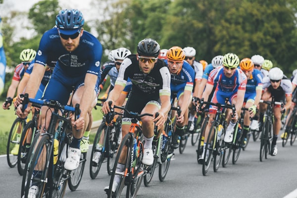 Road cyclist in aerodynamic position during a race